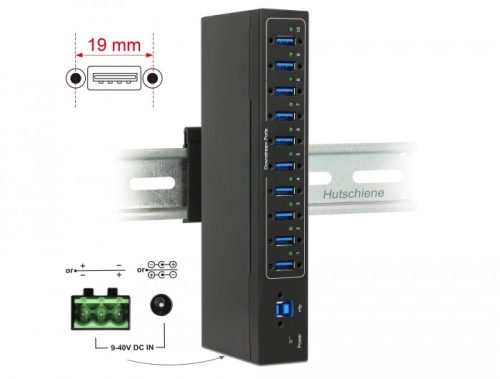 Delock Külso ipari hub 10 x USB 3.0 A-típusú 20 kV ESD védelemmel (63919)