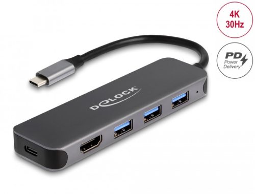 Delock 3 portos USB Hub és 4K HDMI kimenet USB Type-C  csatlakozóval és PD 85 Watt (64171)