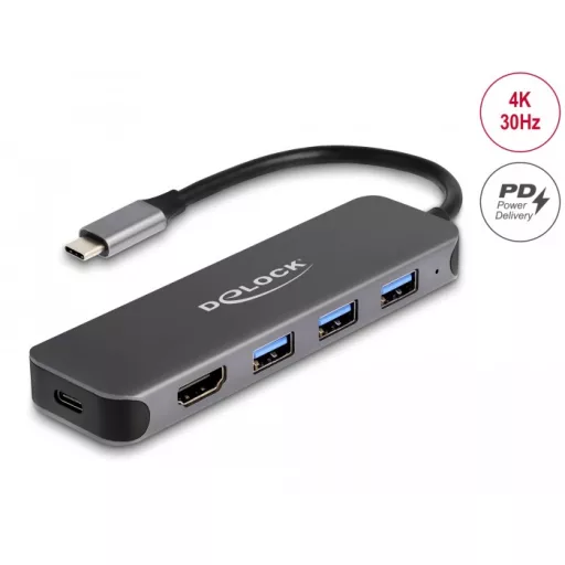 Delock 3 portos USB Hub és 4K HDMI kimenet USB Type-C  csatlakozóval és PD 85 Watt (64171)