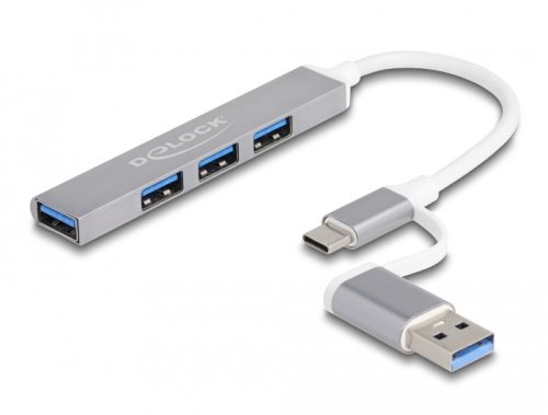Delock 4 portos vékony USB Hub USB Type-C  vagy USB A-típusú - 3 x USB 2.0 Type-A csatlakozóhüvely + 1 x USB 5 Gbps Type-A csatlakozóhüvely (64214)