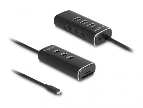 Delock 3 portos USB 10 Gbps hub, SD és Micro-SD kártyaolvasóval USB Type-C , 60 cm hosszú kábellel és portokhoz tartozó kapcsolóval (64234)