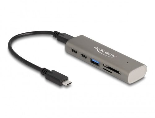 Delock 3 portos USB 10 Gbps hub beépített SD és Micro SD kártyaolvasóval, valamint USB Type-C  csatlakoztatóval (64236)