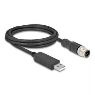   Delock M12 Soros csatlakozású kábel FTDI chip készlettel, A-típusú USB 2.0 apa - M12 RS-232 apa A-kódolású 8 tűs 1,8 m fekete (64257)