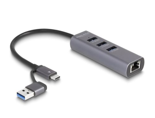 Delock 3 portos USB 5 Gbps Hub + Gigabit LAN USB Type-C  csatlakozóval vagy A-típusú USB csatlakozóval fém vázban (64282)