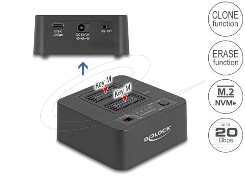 Delock USB 20 Gbps M.2 dokkoló állomás 2 db. M.2 NVMe PCIe SSD-hez klónozó és törlő funkcióval