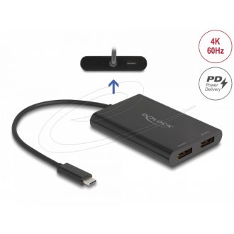   Delock USB Type-C  adapter 2 x DisplayPort 4K 60 Hz-hez DisplayLink  grafikával és USB PD-vel (64308)