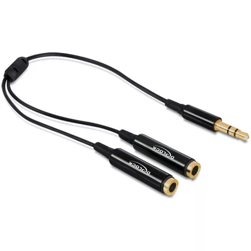 Delock kábel, audio sztereo jack apa, 3.5 mm > 2 x sztereo jack anya, 25 cm, fekete (65356)