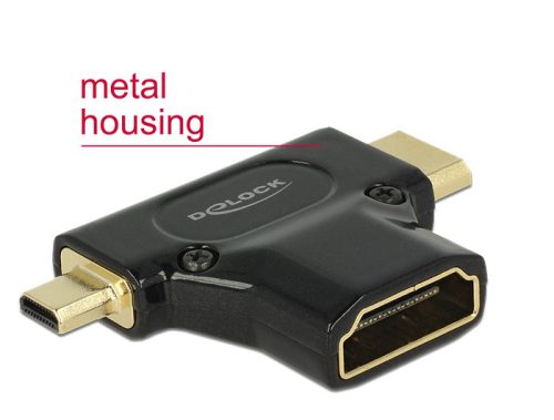 Delock Adapter Gyors-sebességű HDMI Ethernettel - HDMI A anya > HDMI mini-C apa + micro-D apa fekete