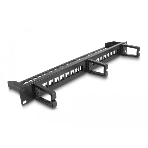 Delock 19  Keystone Patch Panel 16 port 3 kampóval és húzásmentesítő 1U fekete (66237)