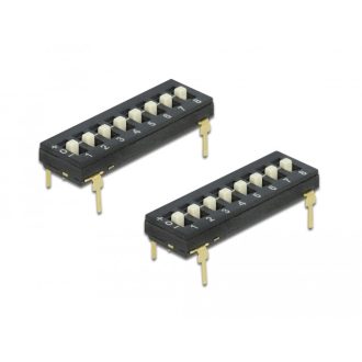   Delock DIP három állású 8 állomásos csúsztató kapcsoló 2,54 mm távolság THT hosszanti fekete 2 darab (66306)