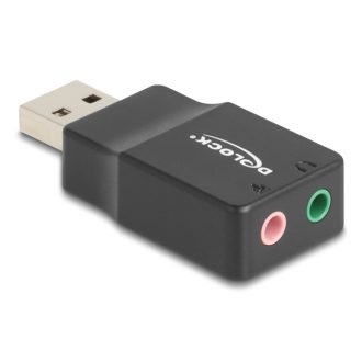   Delock Külső USB hangkártya 2 x 3,5 mm-es sztereo jack Plug & Play audio adapterrel személyi számítógépekhez, laptopokhoz és Mac rendszerekhez fekete (66634)