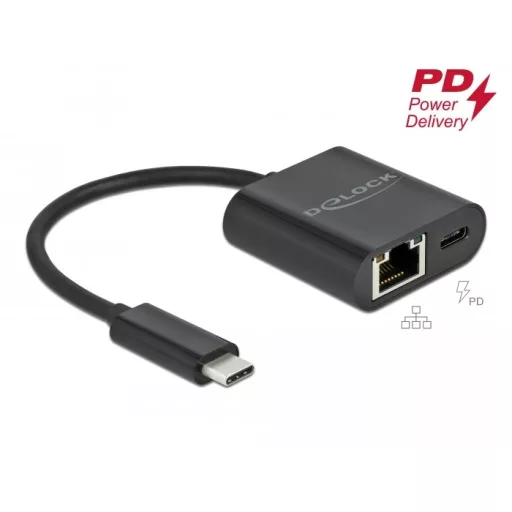 Delock USB Type-C  adapter Power Delivery porttal Gigabit LAN 10/100/1000 Mbps fekete (66644)