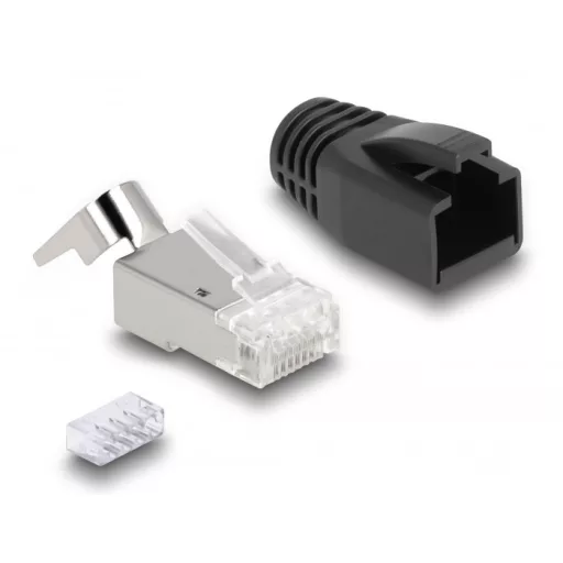 Delock RJ45 Moduláris csatlakozó feszültség mentesítővel Cat.6A, Cat.7 és hajlítás védővel 25 db (66903)