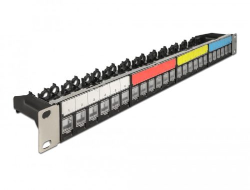 Delock 19 , 24 portos Keystone patch panel kábel rögzítő sínnek, jelző mezővel és porvédelemmel 1U fekete (66921)