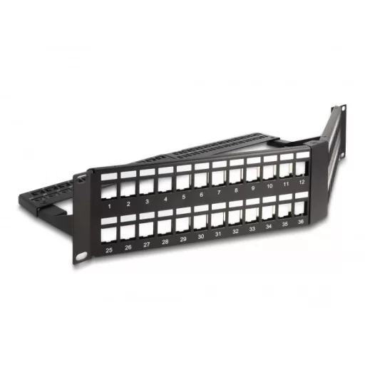 Delock 19  Keystone Patch Panel 48 port húzásmentesítővel, 2U ferde fekete (66977)