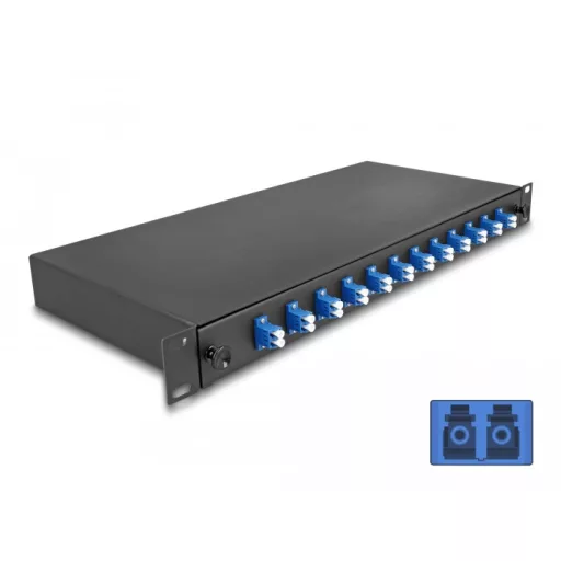 Delock 19  optikai szálösszefűző doboz 12 db. LC Duplex OS2 1U teljes elrendezés kész az összefűzésre (67003)
