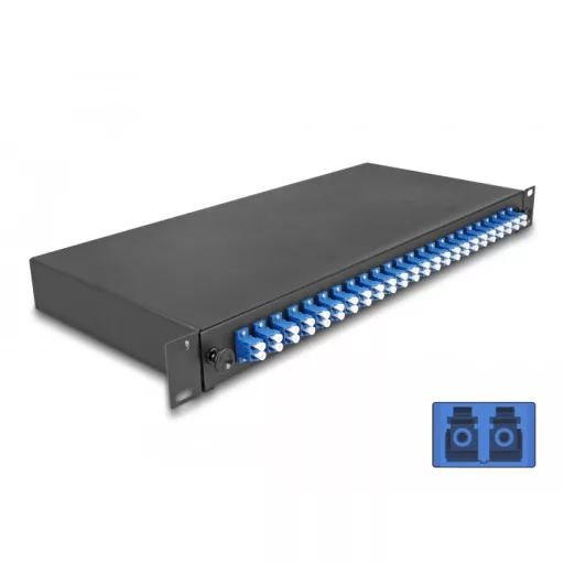 Delock 19  optikai szálösszefűző doboz 24 db. LC Duplex OS2 1U teljes elrendezés kész az összefűzésre (67009)
