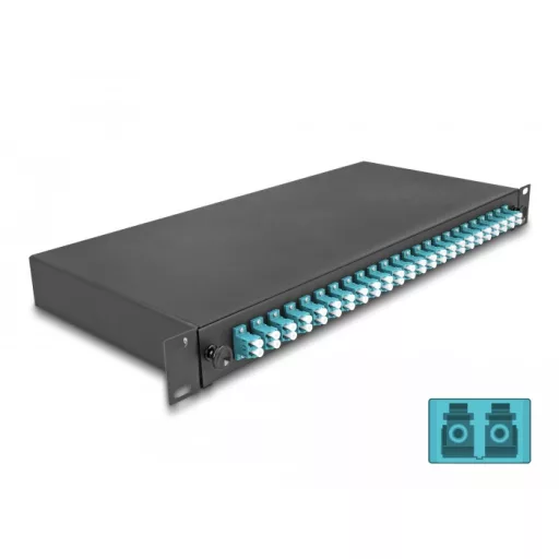 Delock 19  optikai szálösszefűző doboz 24 db. LC Duplex OM3 1U teljes elrendezés kész az összefűzésre (67010)