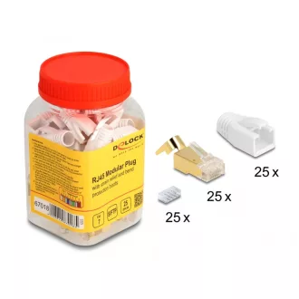   Delock RJ45 Moduláris csatlakozó feszültség mentesítővel és hajlítás védő papucsokkal Cat.7 kerekkábelekhez 25 db.-os szett (67018)