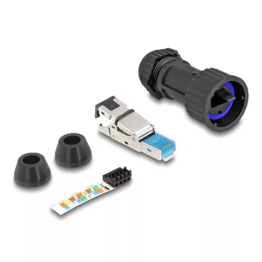 Delock RJ45 apa összeállítás Cat.6A átvezető csatolóval IP68 por és vízhatlan fekete (67049)