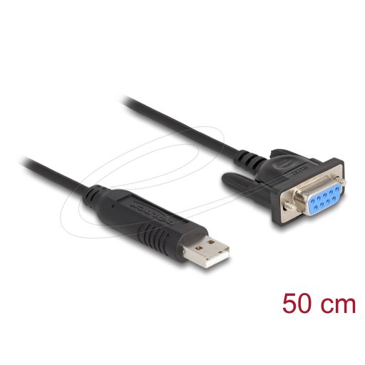 Delock USB 2.0   Soros RS-232 adapter, Sub-D 9 tűs aljzat, csavaros rögzítéssel, kompakt csatlakozóházzal, 50 cm, FTDI chippel (67381)