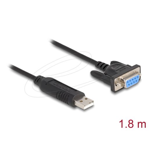 Delock USB 2.0   Soros RS-232 adapter, Sub-D 9 tűs aljzat, csavaros rögzítéssel, kompakt csatlakozóházzal, 1,8 m, FTDI chippel (67382)