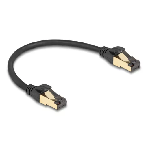 Delock RJ45 hálózati kábel Cat.6A apa - apa S/FTP fekete 30 cm - Cat.7 nyers kábellel, mely alkalmas bel- és kültéri használatra (80246)