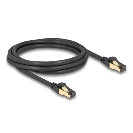 Delock RJ45 hálózati kábel Cat.6A apa - apa S/FTP fekete 2 m - Cat.7 nyers kábellel, mely alkalmas bel- és kültéri használatra (80249)