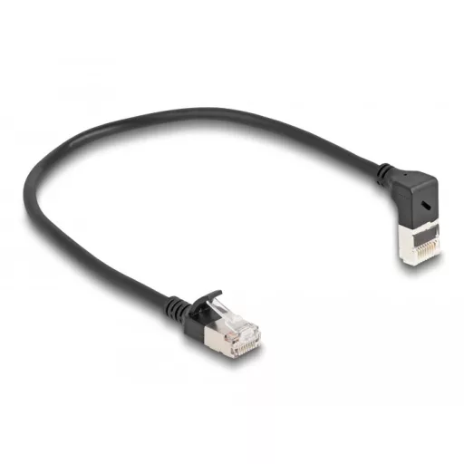 Delock RJ45 hálózati kábel Cat.6A S/FTP vékony 90  fokban felfelé hajló / egyenes 0,25 m fekete (80285)