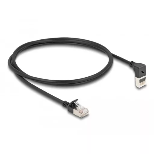 Delock RJ45 hálózati kábel Cat.6A S/FTP vékony 90  fokban felfelé hajló / egyenes 1 m fekete (80287)