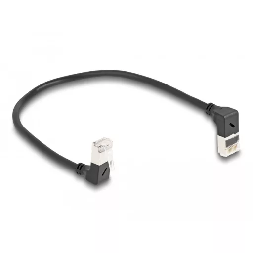 Delock RJ45 hálózati kábel Cat.6A S/FTP vékony 90  fokban felfelé / lefelé hajló 0,25 m fekete (80291)