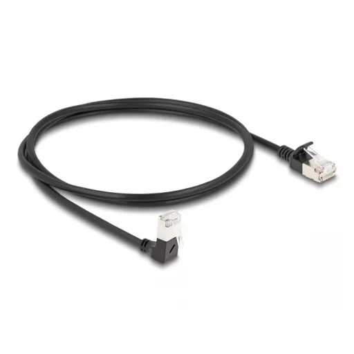Delock RJ45 hálózati kábel Cat.6A S/FTP vékony 90  fokban lefelé hajló / egyenes 1 m fekete (80305)