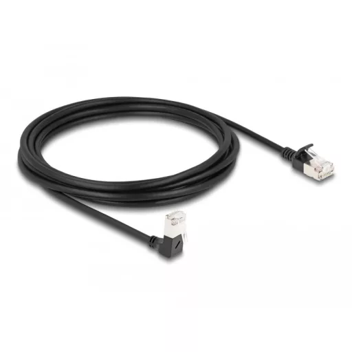 Delock RJ45 hálózati kábel Cat.6A S/FTP vékony 90  fokban lefelé hajló / egyenes 3 m fekete (80307)