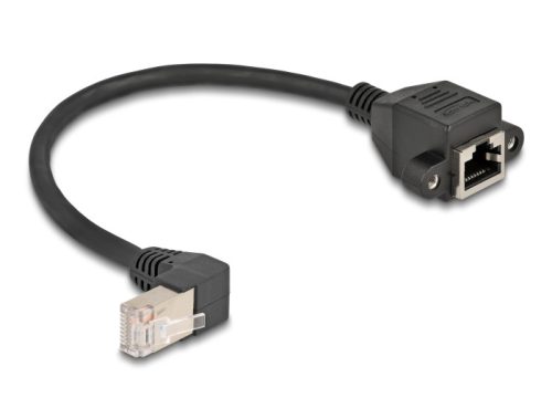 Delock Hálózat bővítő kábel S/FTP RJ45 apa 90  hajlított - RJ45 beépített anya Cat.6A 0,25 m fekete