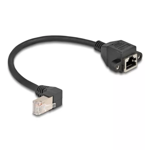 Delock Hálózat bővítő kábel S/FTP RJ45 apa 90  hajlított - RJ45 beépített anya Cat.6A 0,25 m fekete (80309)