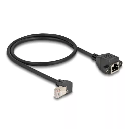 Delock Hálózat bővítő kábel S/FTP RJ45 apa 90  hajlított - RJ45 beépített anya Cat.6A 0,5 m fekete (80310)