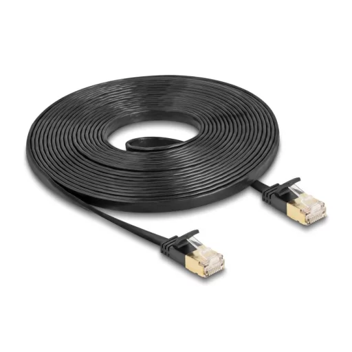 Delock RJ45 hálózati kábel Cat.6A apa - apa robosztus csatlakozóval és Cat.7 nyers lapos kábellel U/FTP 5 m, fekete (80348)