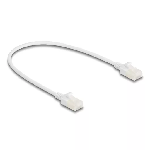 Delock RJ45 hálózati kábel Cat.6A apa   apa robosztus csatlakozóval ipari felhasználásra U/UTP Slim 0,3 m, fehér (80357)