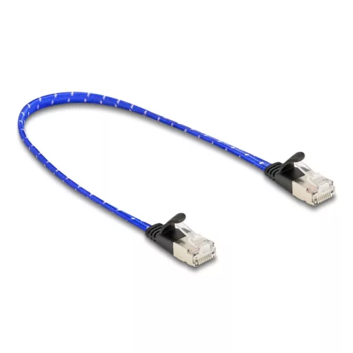 Delock RJ45 lapos hálózati kábel fonott borítással Cat.6A U/FTP 0,3 m, kék (80381)