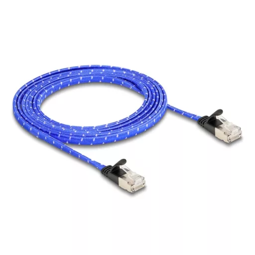 Delock RJ45 lapos hálózati kábel fonott borítással Cat.6A U/FTP 2 m, kék (80384)