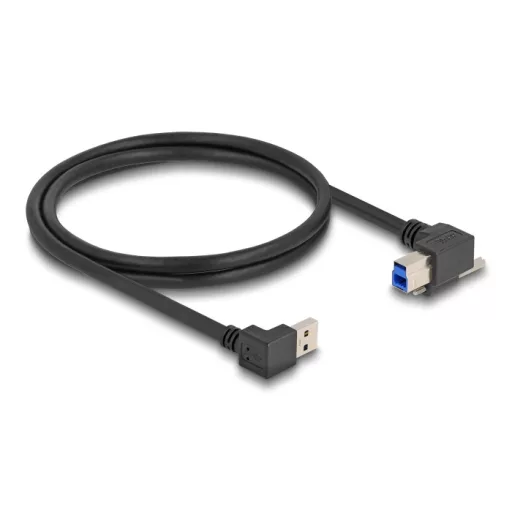 Delock USB 5 Gbps kábel A-típusú USB apa 90 -ban lefelé hajlított   B-típusú USB apa csavarral 90 -ban jobbra hajlított 1 m fekete (80481)