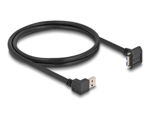 Delock USB 5 Gbps kábel A-típusú USB apa 90 -ban lefelé hajlított   Mikro-B-típusú USB apa csavarokkal 90 -ban lefelé hajlított 1 m fekete