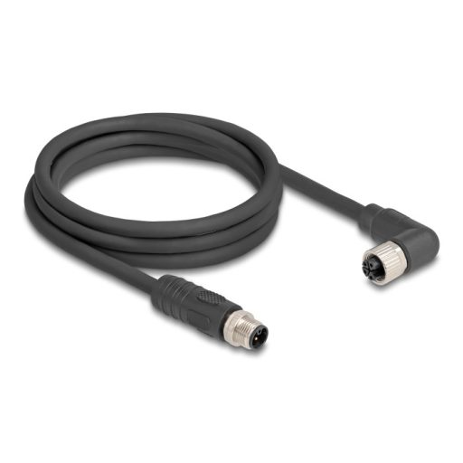 Delock M12 kábel L-kódolt 4 tűs egyenes apa   jobbra hajlított anya PUR húzóláncokhoz alkalmas 2 m fekete (80524)