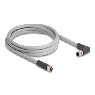   Delock M12 kábel L-kódolt 5 tűs jobbra hajlított apa   egyenes anya PUR húzóláncokhoz alkalmas 2 m szürke (80548)