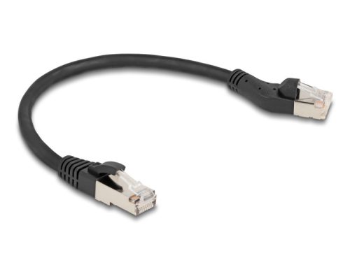 Delock RJ45 hálózati kábel Cat.8.1 S/FTP 45 -ben balra hajlított apa   egyenes apa, akár 40 Gbps, 0,25 m, fekete (80734)