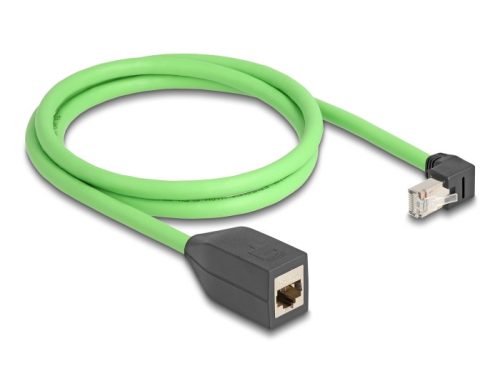 Delock RJ45 hálózat bővítő kábel Cat.6A apa lefelé néző csatlakozódugóval - anya SF/UTP alkalmas kábelvezető láncokhoz PUR (TPU) 1 m zöld (80886)