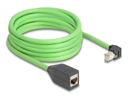 Delock RJ45 hálózat bővítő kábel Cat.6A apa lefelé néző csatlakozódugóval - anya SF/UTP alkalmas kábelvezető láncokhoz PUR (TPU) 5 m zöld (80888)