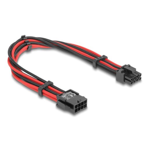 Delock Bővítő kábel 8 tűs apa - 6 + 2 tűs PCIe anya textil, fekete-piros borítással 30 cm (80975)