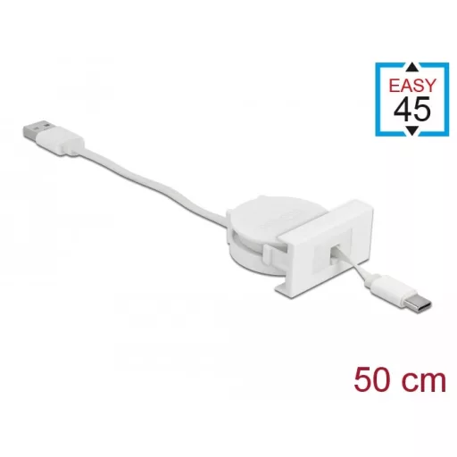 Delock Easy 45 modul USB 2.0 behúzhatós kábel A-típusú USB - USB Type-C  csatlakozókkal fehér (81318)