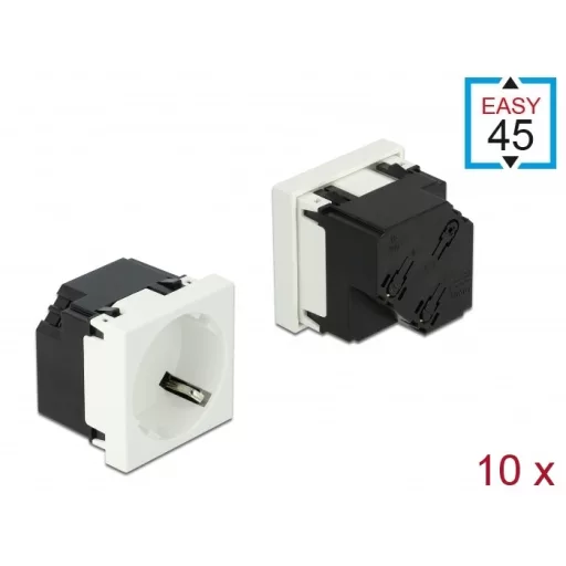 Delock 45 x 45 mm méretű, 45  elrendezésű Easy 45 földelt hálózati csatlakozóaljzat, 10 db. Fekete (81321)